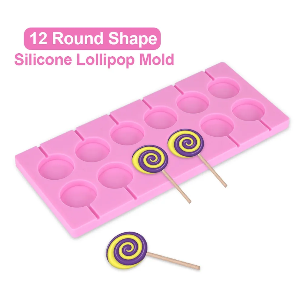 Flexible 12 Cavity Silicone Lollipop Molds Pink Color Round Shape Hard Candy Molds Durable Chocolate Molds For Lollipop Treats