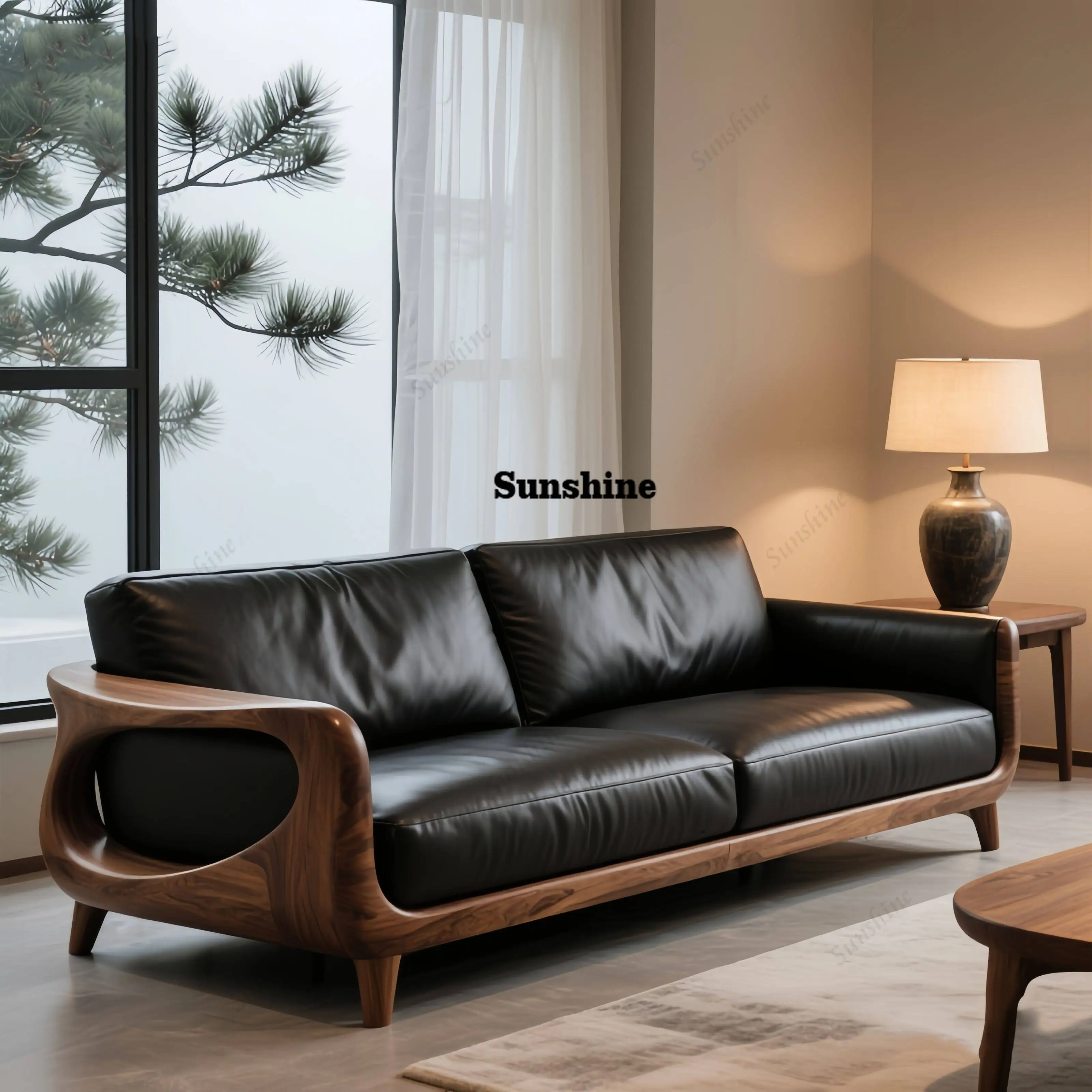 

New Chinese-style simple solid wood leather light luxury sofa haute couture