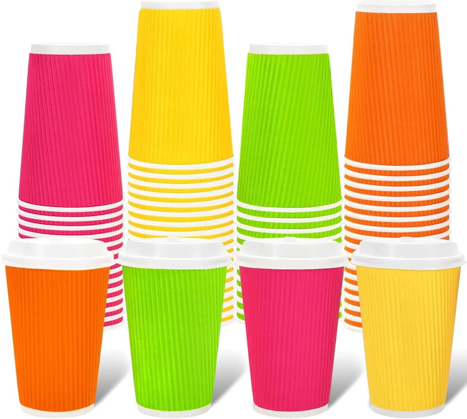 

100Pcs Neon Color Disposable Coffee Cups with Lids 16oz Fluorescent Color Paper Cups Corrugated Ripple Wall Insulated Ho