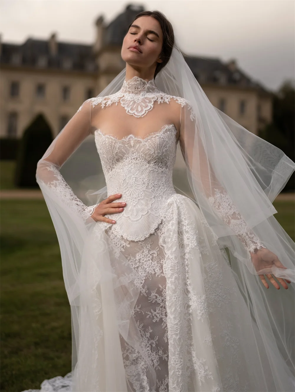 Tóquio personalizado branco alto necklink vestidos de casamento mangas compridas tribunal trem vestidos de noiva 2025 elegante sereia vestidos de casamento