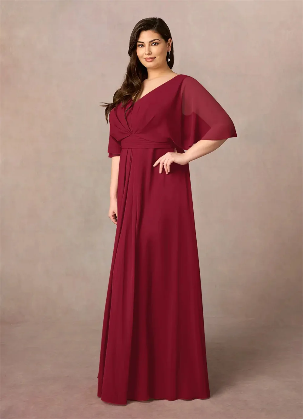 Evening Dresses V Neck Half Sleeve Pleated Stain Draped Straight Prom Dresses Formal Gowns Evening Gowns فساتين سهرة