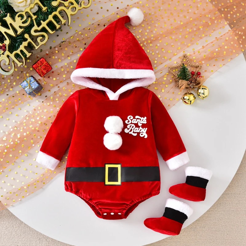 Santa Baby Red Velvet Romper with Booties Newborn Infant Toddler Christmas Costume Outfit Clothes for Boys Girls Holiday Party