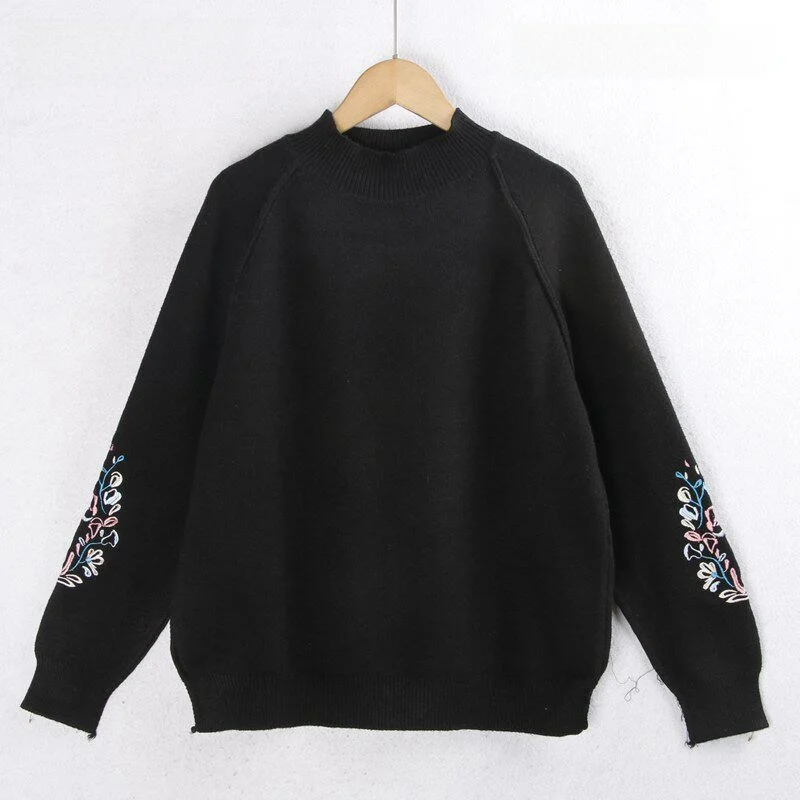 

Embroidered Knitted Sweater Pure Color f High Collar Slimming Versatile Autumn Winter Knitwear Comfortable Casual Sle
