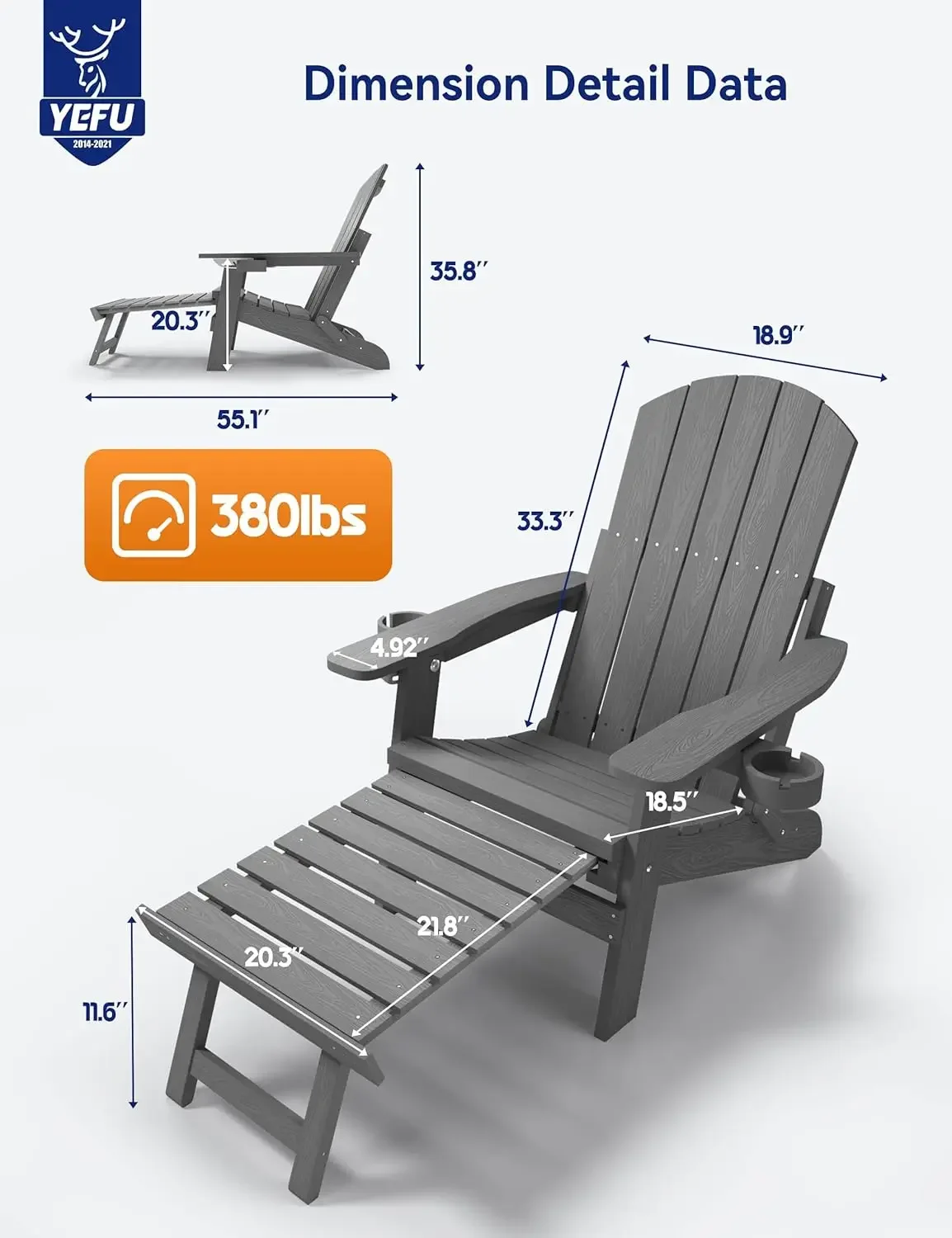 Adirondack Chair with Ottoman, Adjustable Backrest Adirondack Chairs, Folding Outdoor Fire Pit Chair with 2 Cup-Holders, Weather