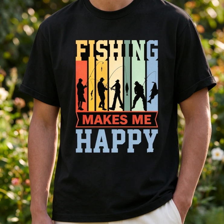 Fishing Makes Me Happy Men T Shirt Retro Striped Fisherman Silhouette Graphic Tee Outdoor Fishing Lover Casual Short Sleeve Tops