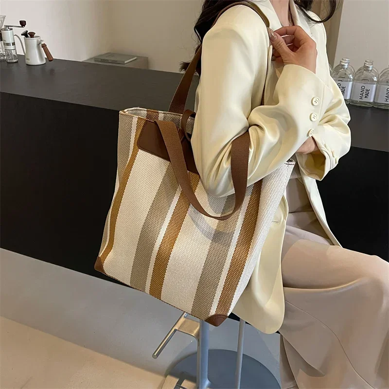 Striped Shoulder Bucket Bags For Women Canvas Fabric Large Capacity Shopping Totes Contrast Color Commute Shopper Handbags 2024