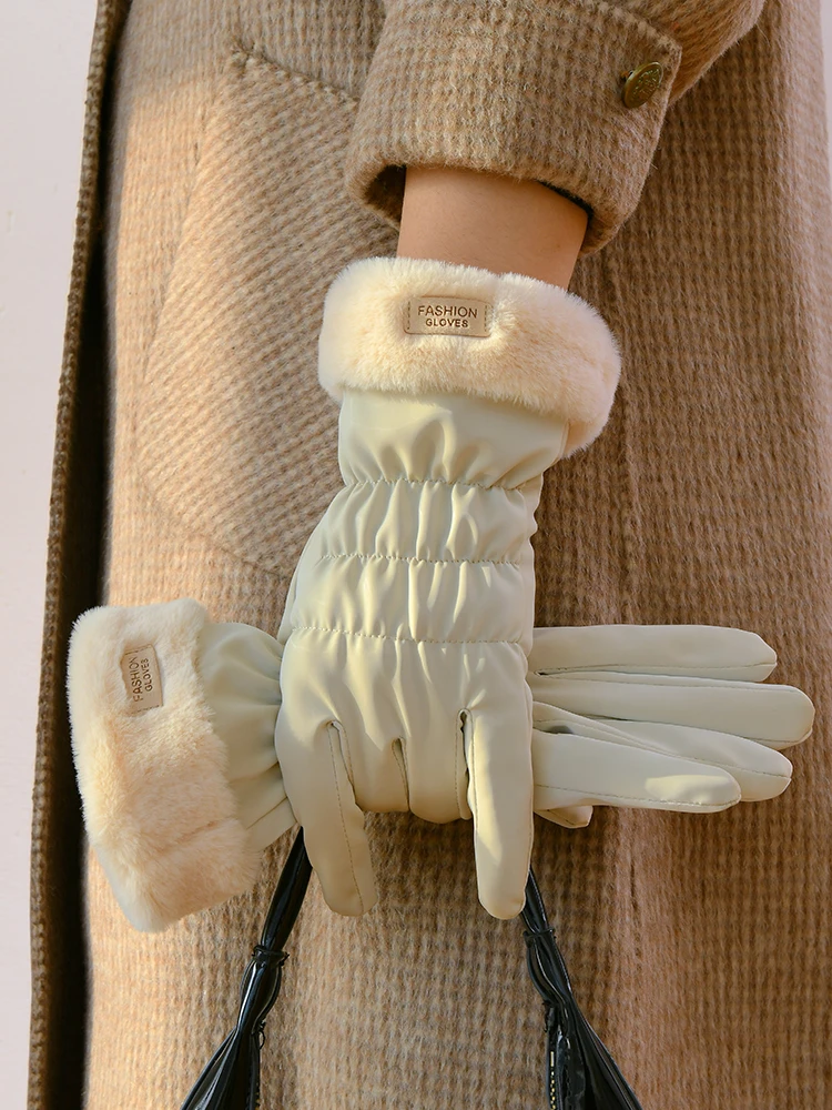 

Off-white gloves for women's new winter models, thickened and velvet, outdoor cold and windproof, driving can touch the screen