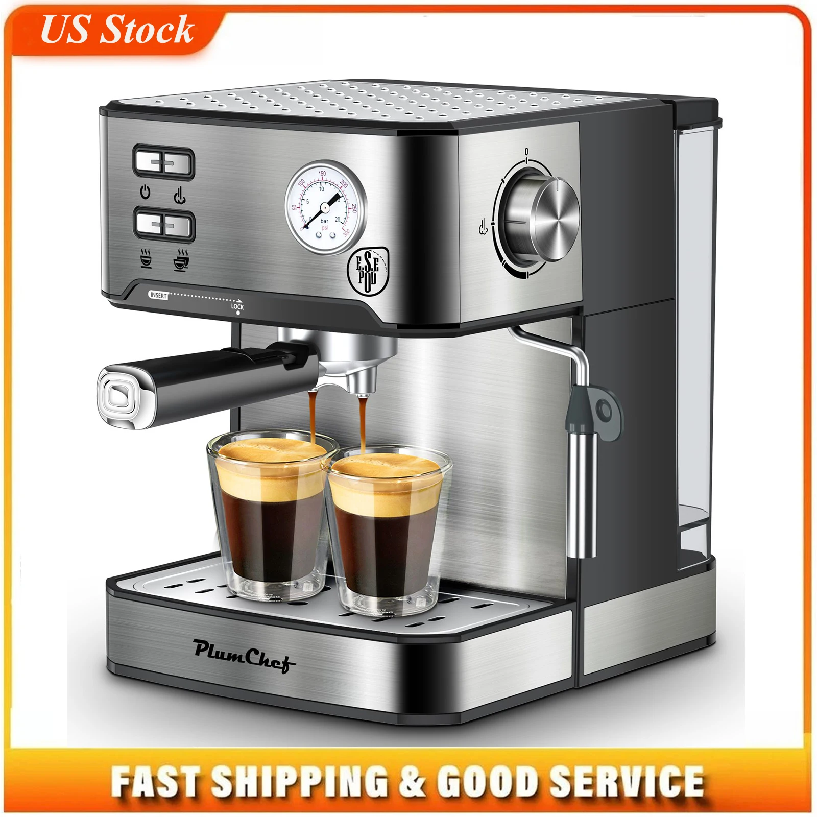 Espresso Machine 20 Bar Professional Compact Household Coffee Espresso Maker with Milk Frother Steam Wand Pressure Gauge 54oz Water Tank Low Noise and Fast Coffee Machine for Cappuccino Latte