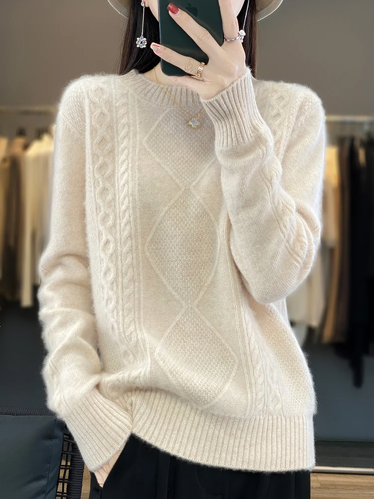 Women's Long Sleeve Cashmere Sweater, 100% Wool, Round Neck, Monochromatic, Knitted Pullover, Casual, Autumn, New, 2023