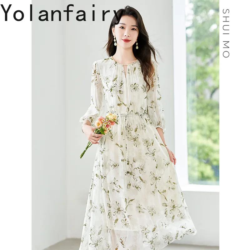 YOLANFAIRY 100% Natural Mulberry Silk Dress Summer 2025 Cinched Waist V-neck Floral Dress Elegant Vacation Dresses Half Sleeve