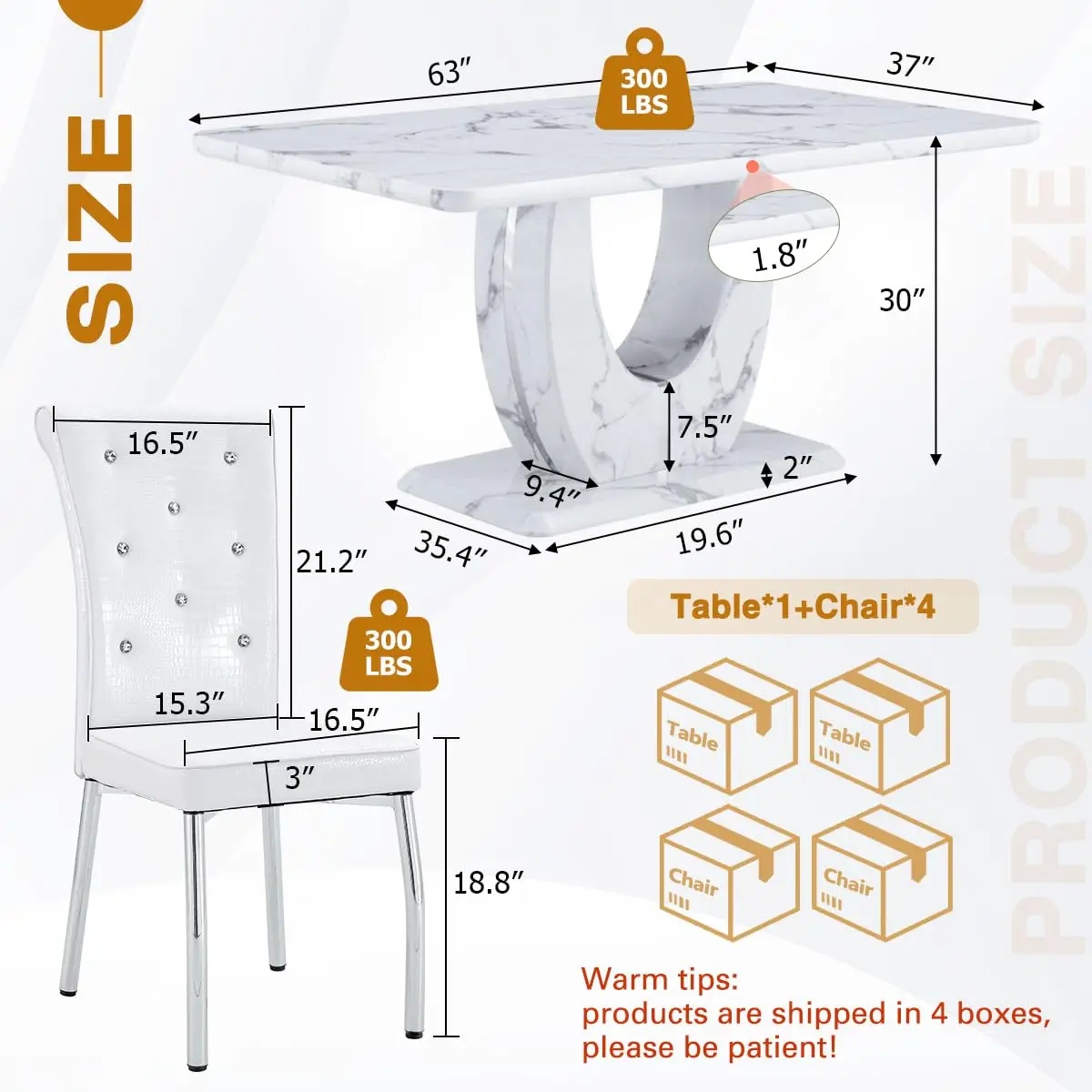 63-Inch Faux Marble Dining Table Set for 4, White Chairs, Silver Legs, Customized