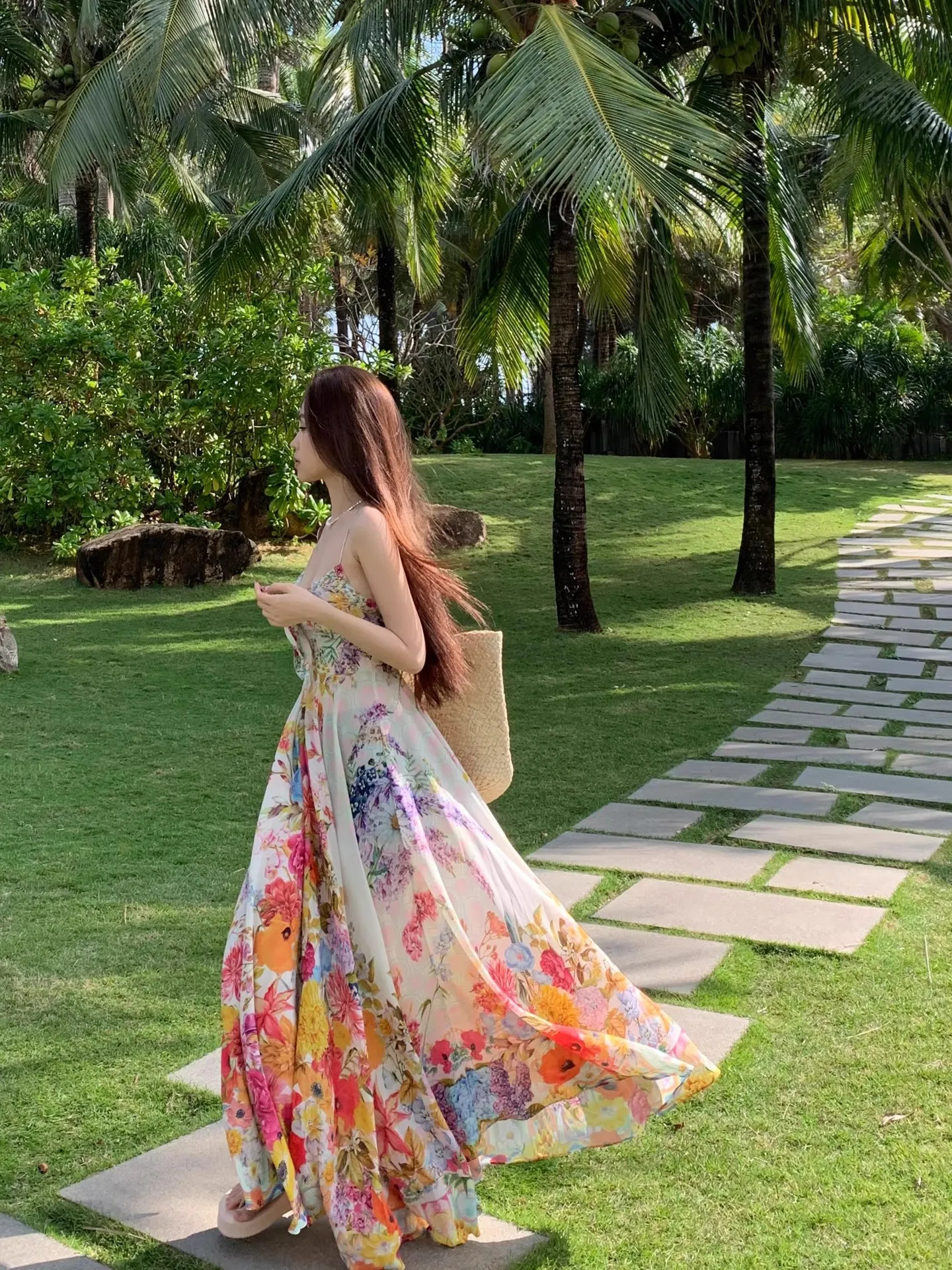2026 New Fashion Neck Halter Floral Dress Waist Retro Style Split Hip Fishtail Skirt - Detail 1