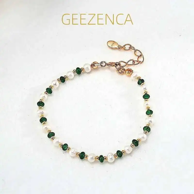 

GEEZENCA 925 Sterling Silver Pearl Green Stone Spaced Beads Strand Bracelet For Women 18K Gold Simple Chic Bracelets Party Gift