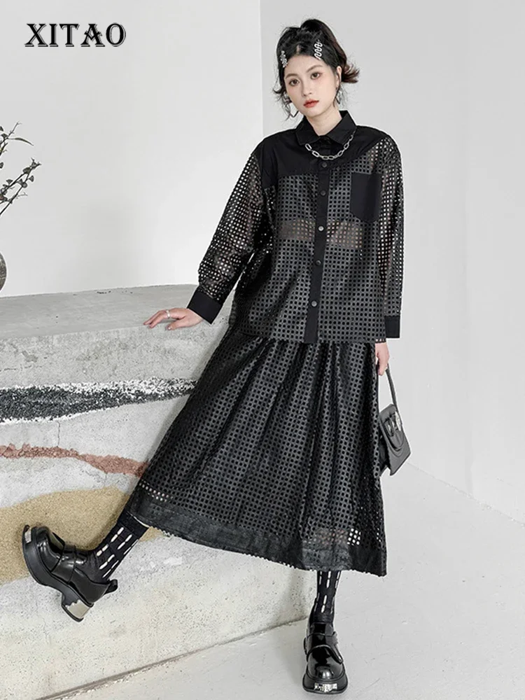 

XITAO Hollow Out Dress Sets Black Loose Fashion Long Sleeve Turn-down Collar Top Skirt Two Pieces Sets Spring New Women DMJ3941