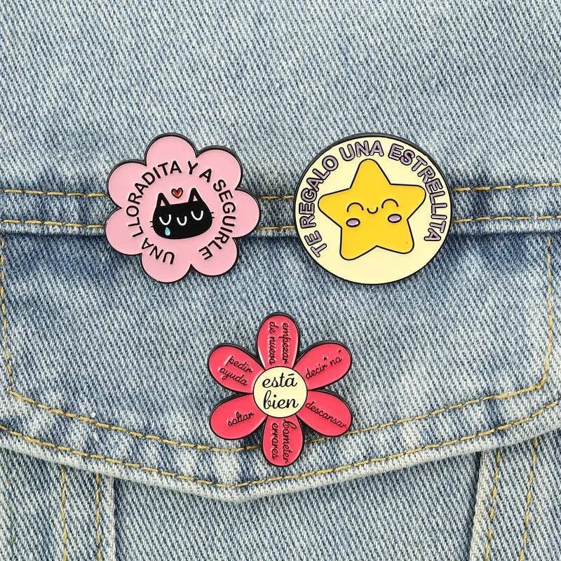 Healing flower star cat pattern badges, Spanish language series alloy pins, accessory for clothing and bags, gift for friends