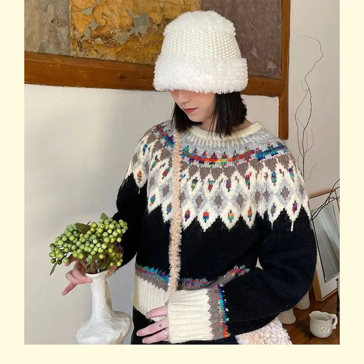 Vintage Fair Isle Sweater Jacquard Sweater for Women Argyle Aesthetic Knitted Pullover Crop Top Sweet Girls Winter Clothes Loose