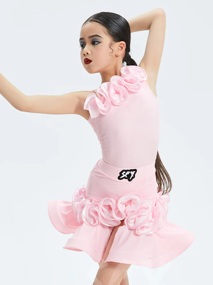 2023 Pink Latin Dance Costume Girls Summer Dance Dress Cha Cha Rumba Dance Performance Suit Kids Latin Practice Clothes DNV17813