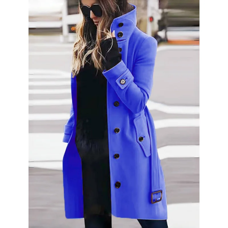 Women's Trench Coat High-collar Single-breasted Jacket Lined with Belt Long Coats Street Fashion Commuter Outwear EU Size