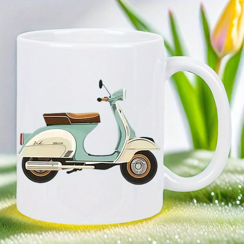 

Vintage Scooter Ceramic Mug - Retro White Coffee Cup with Brown Seat & Golden Accents, Perfect Gift for Scooter Enthusiasts, Han