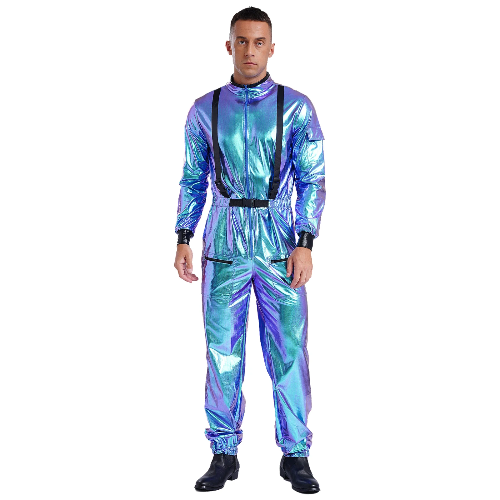 Mens Halloween Pilot Air Force Astronaut Alien Cosplay Costume with Metallic Roleplay Disco Overall Jumpsuits Zipper Bodysuit