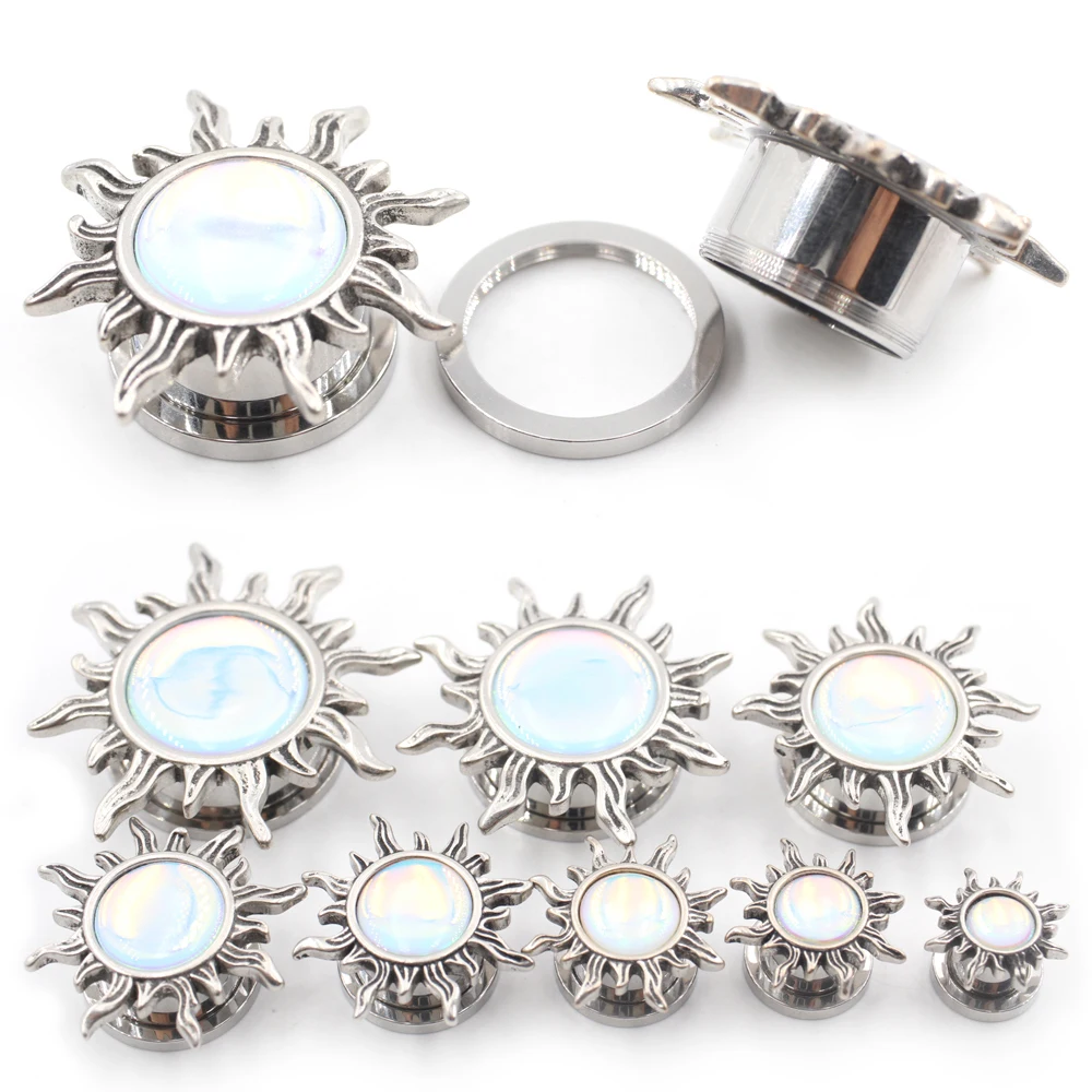 Alisouy 2PCS 8-25mm Stainless Steel Sun Enamel Thread Ear Gauges Tunnels Plugs Expander Stretcher Earrings Piercing Body Jewelry
