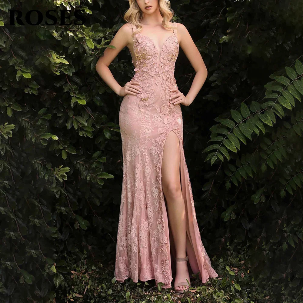 ROSES Appliques Pink Prom Dresses Tulle Side Split Mermaid Evening Dresses Spaghetti Strap V Neck Backless فستان حفلات الزفاف