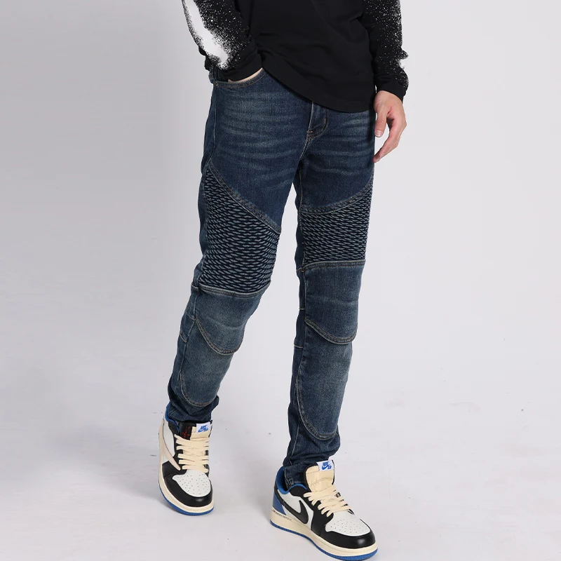 Fashion Streetwear Men Jeans Retro Blue Elastic Slim Fit Spliced Biker Jeans Men Wrinkle Patched Designer Hip Hop Pants Hombre