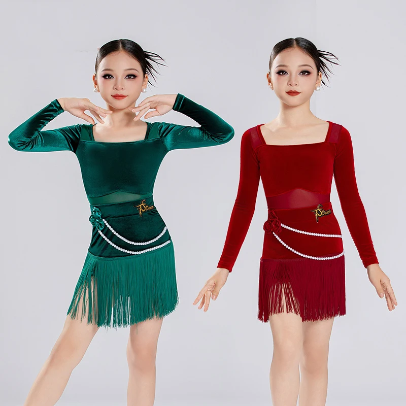 

Girls Latin Dance Dress Velvet Long Sleeves Pearl Fringe Dress Competition Dress Cha Cha Dance Practice Clothes Red Green L17282