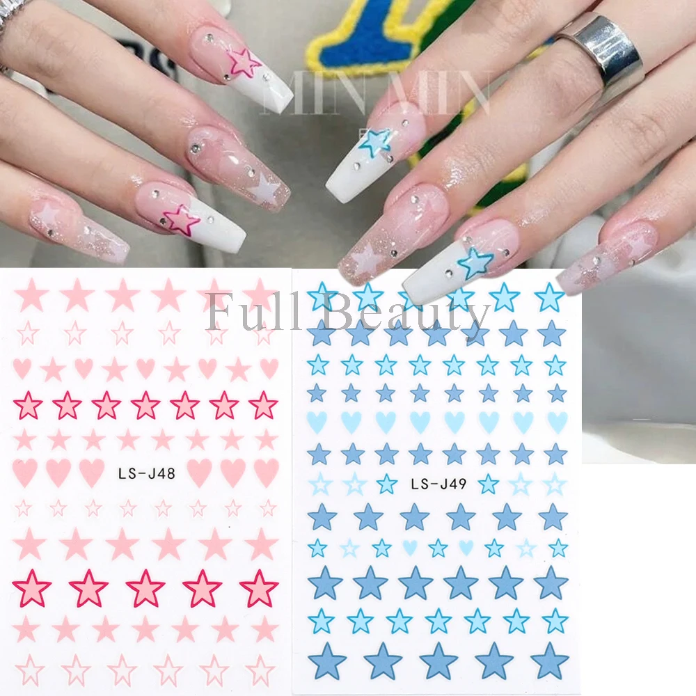 3D Blue Pink Star Nail Stickers cuore Nail Charms Sliders argento Chrome Gel Polish decalcomanie accessori autoadesivi fai da te GLLS-J49