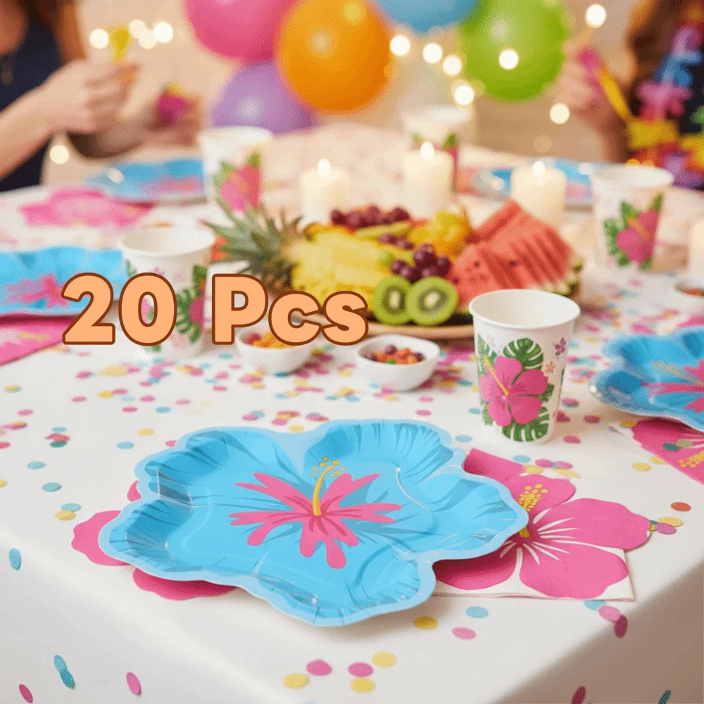 20PCS Paper Hibiscus Flower Shaped Plates Thickened Colorful Cake Paper Plates Waterproof Festive Party Tableware Outdoor
