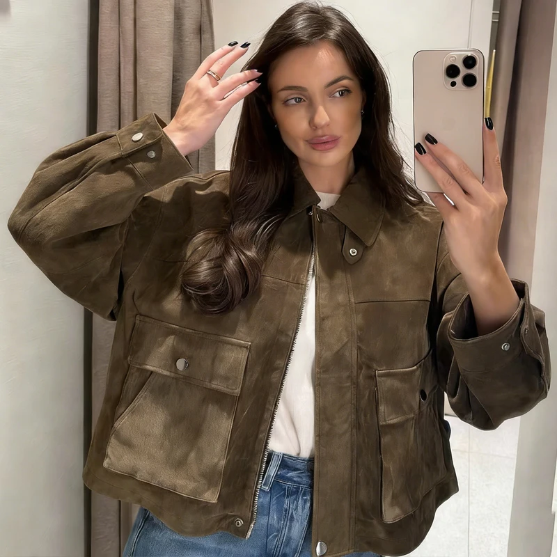 

Women's Bomber Jacket Green Suede Long Sleeve Zipper Pocket Jacket 2026 Spring Autumn Casual Pilot Outerwear Faux Leather Jacket