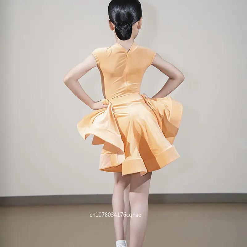 

Girls Latin Dance Competition Clothing Glossy Fabric Long Sleeves Dance Dress Kids Cha Rumba Dance Practice Training Wear