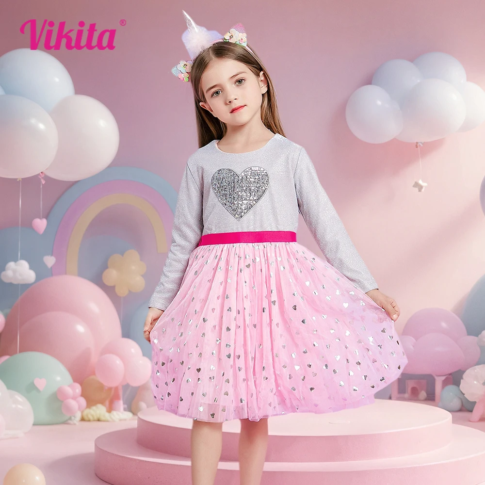 VIKITA New Children Clothes Girls Autumn Spring Long Sleeve Pink Dress Kids Heart Shape Mesh Tulle Princess Party Tutu Vestidos