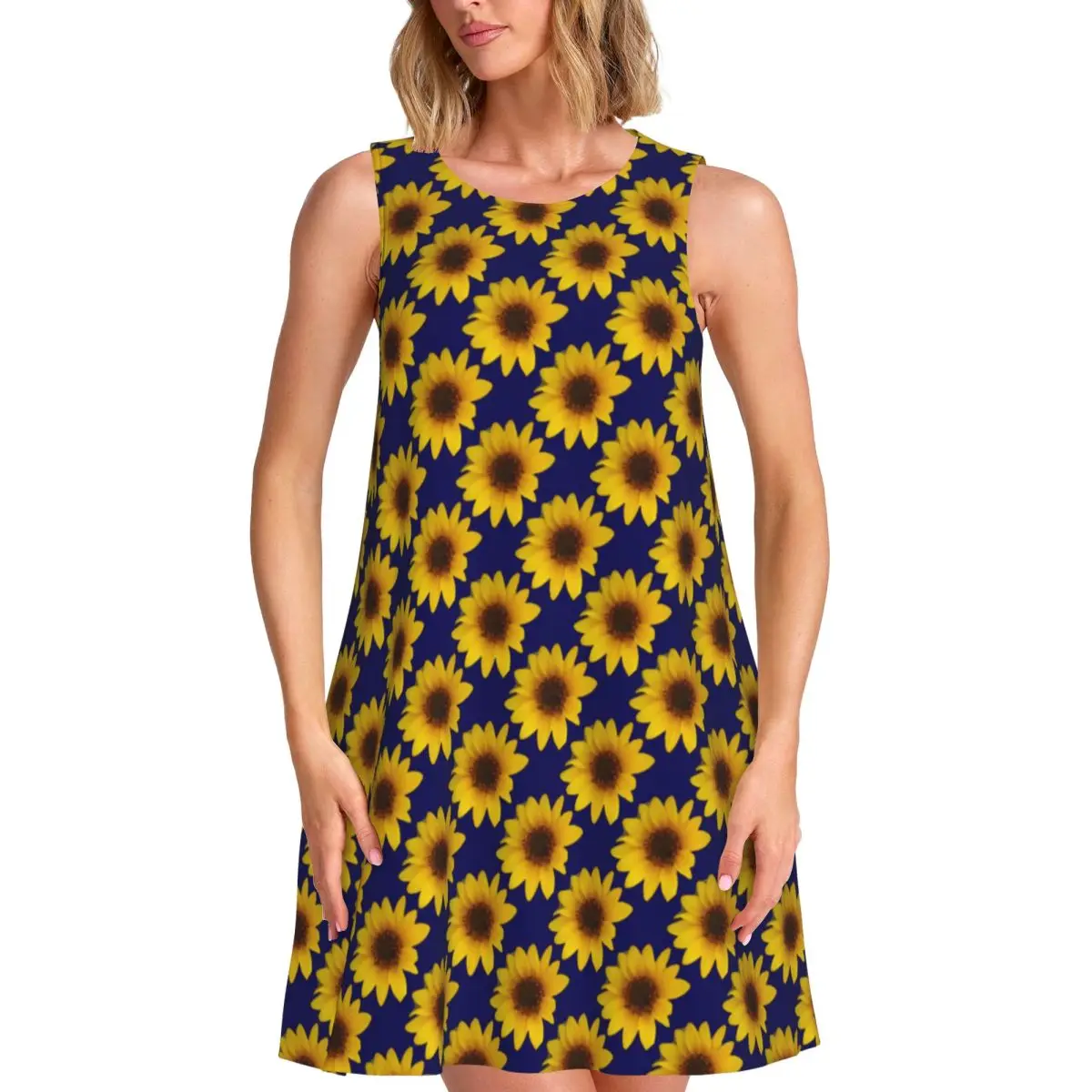 Cheerful Sunflower Splash Casual Dress Bright Flowers Print Dresses Female Round Neck Street Fashion Dress Summer Vestidos