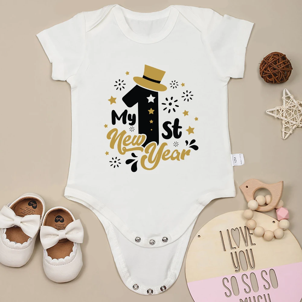 

High Quality Cotton Newborn Clothes My 1st New Year Beautiful Baby Boy Girl Onesies Short Sleeve Cozy Home Infant Romper Pajamas