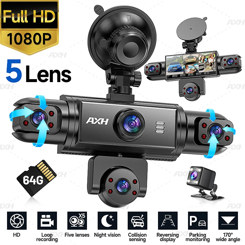AXH 360° Panoramic 4/5 Lens Dash Cam, Featuring 1080P Front-Facing and 720P All-Round Coverage, Five-Screen Simultaneous Display