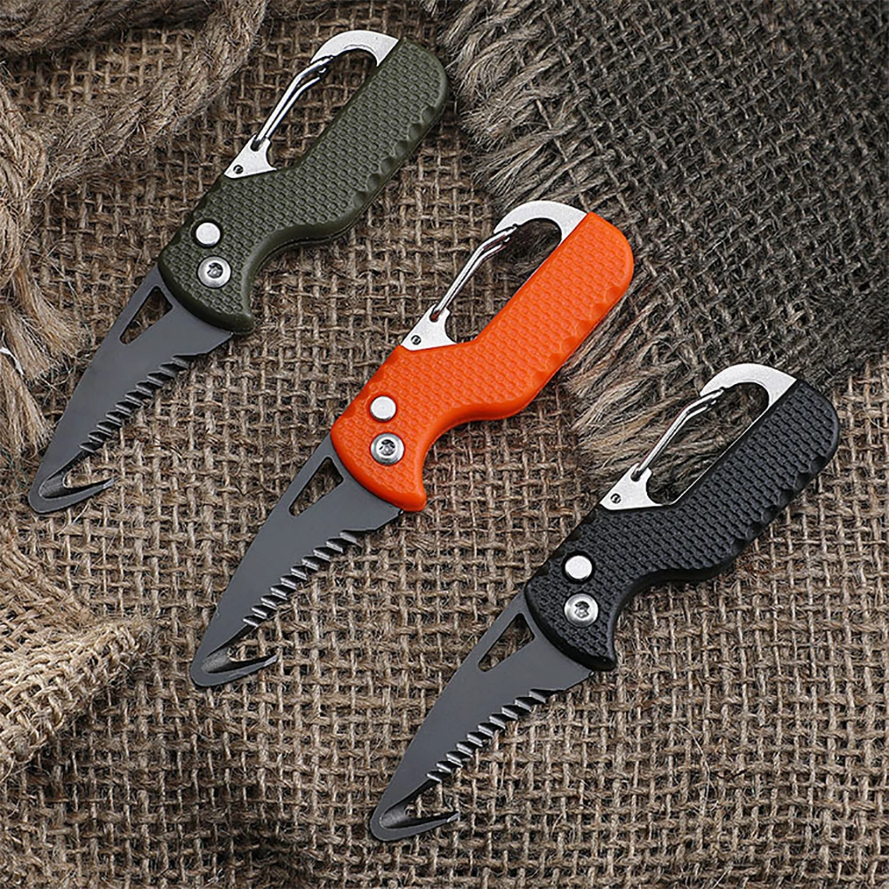 Portable Multifunctional Tool Knife Foldable Serrated Sharp Express Parcel Knife Keychain With Hook Cut Rope Survival Tool