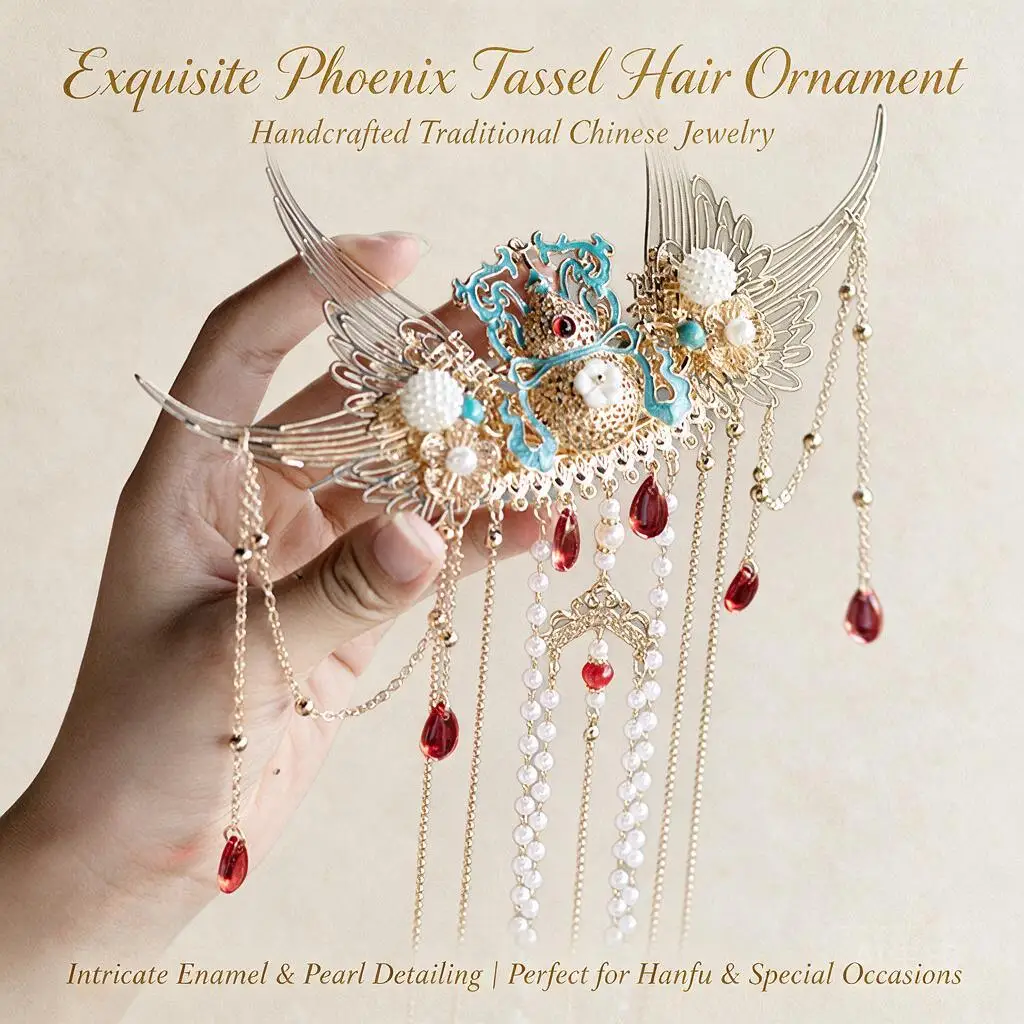Exquisite Chinese Phoenix Long Tassel Faux Pearl Red Drop Hair Back Piece For Ming Song Hanfu Cosplay Wedding Party Daily Wear