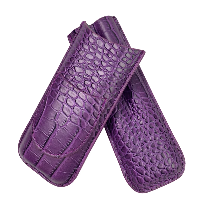 Portable Crocodile-Patterned Cigar Leather Case for Two Cigars, Includes Cigar Cutter and Cigar Bag