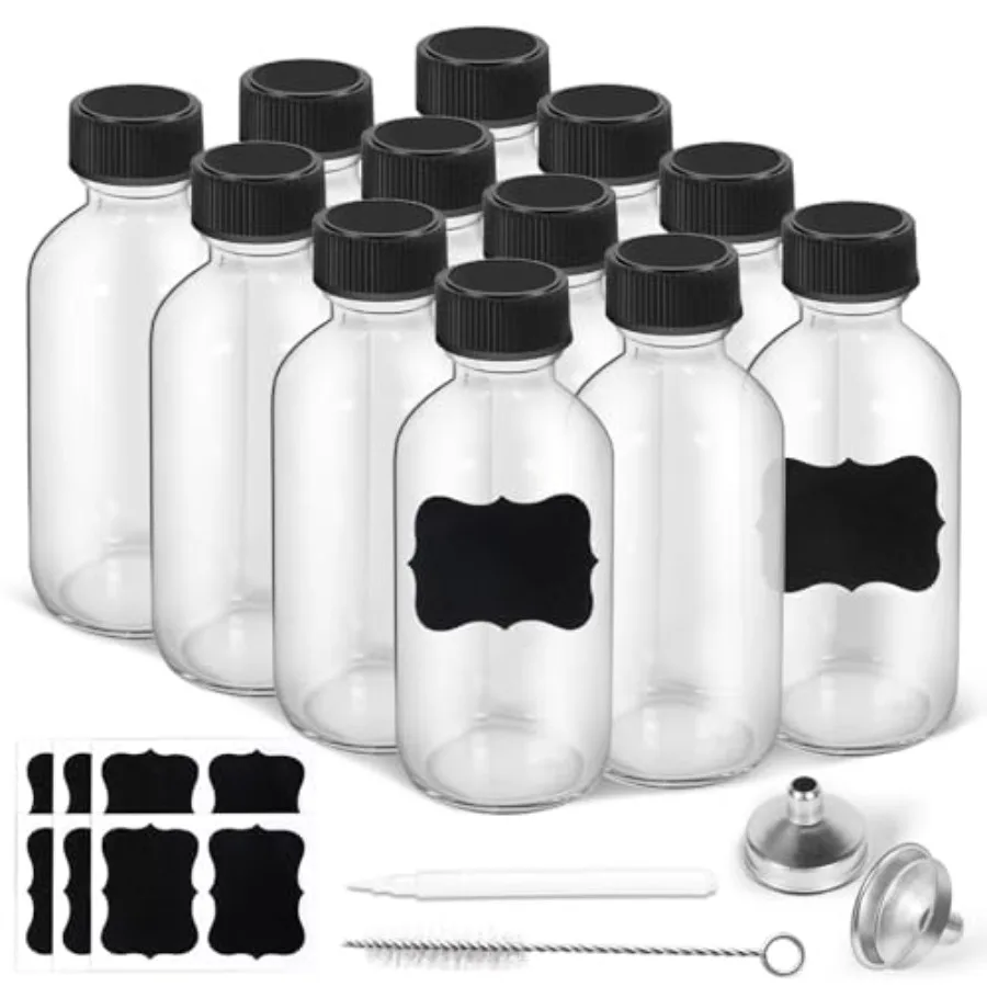 2oz Small Clear Glass Bottles with Lids, 2 Stainless Steel Funnel, Labels, 1 Chalk Marker, 1 Brush - Reusable Boston Bottle for