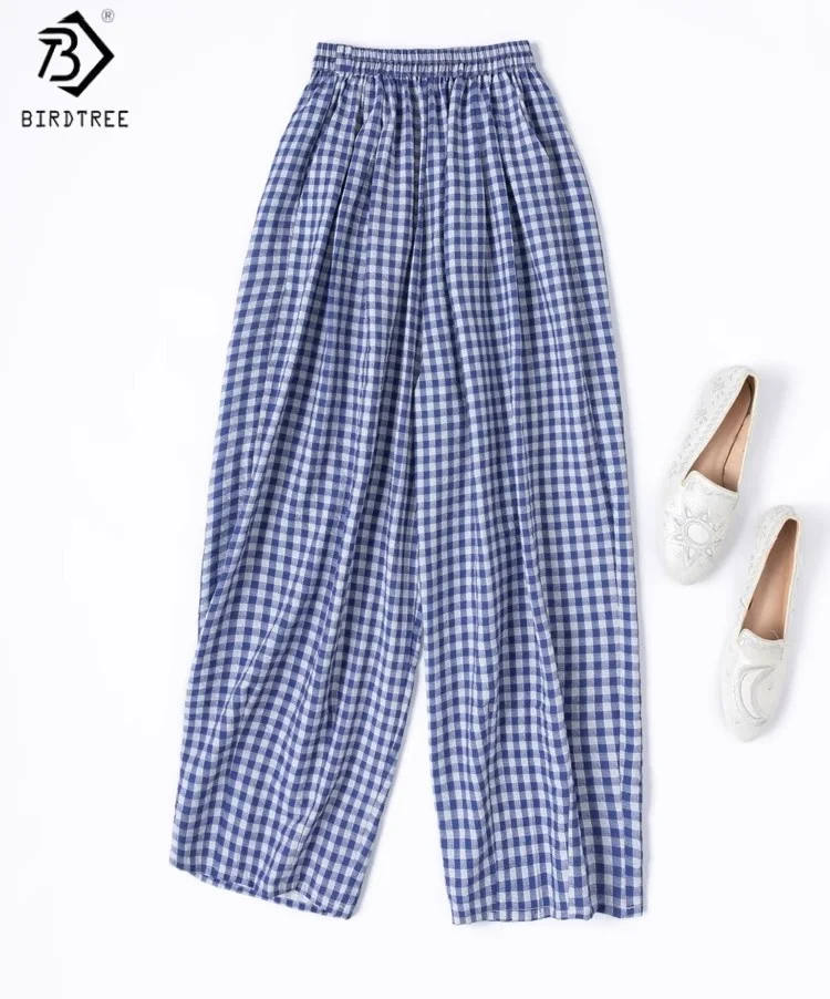

Birdtree Summer 76% Mulberry Silk 24% Nylon Pants,Women Dry Silk Elastic Waist Straight Grid Loose Harem Pants,2025 New P56520JF