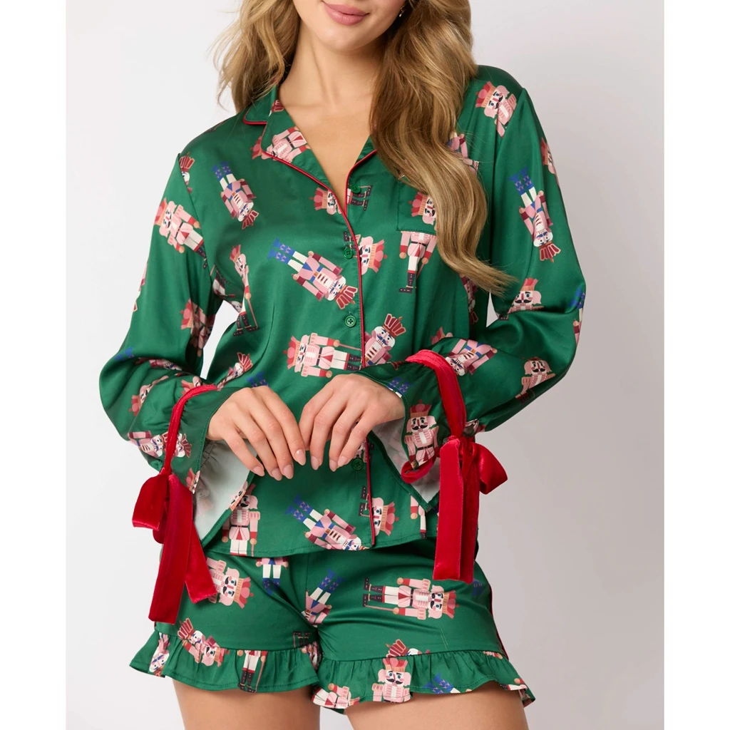 HEZIOWYUN Women 2Piece Silky Ruffled Cuff Pajama Set Long Sleeve Lapel Button-down Shirt+Drawstring Velvet Bow Tied Waist Shorts