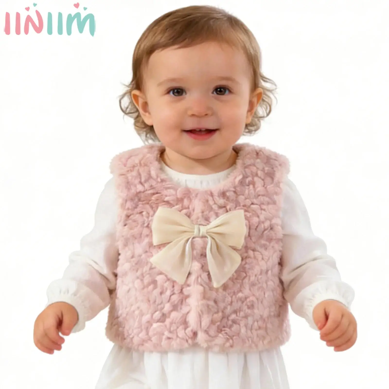 

Baby Girls Sweet Cute Bowknot Faux Fur Vest Coat Autumn Winter Fashion Casual Waistcoat Outerwear for Wedding Birthday Party