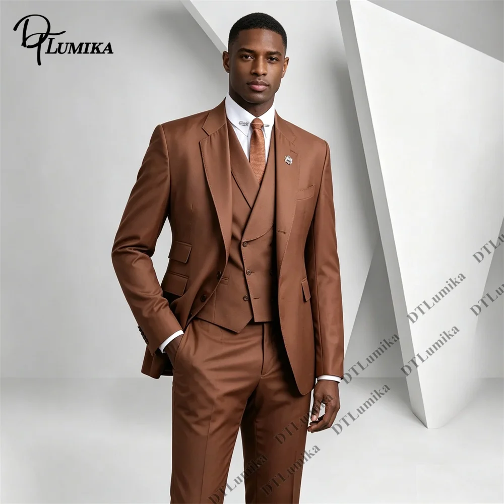 Traje de 3 Piezas para Hombre, Color Marrón Camel, Corte Entallado, para Negocios, Bodas, Novios, Blazer, Chaleco, Pantalones, Traje Formal para Fiesta de Graduación, Tallas XXS-7XL Plus