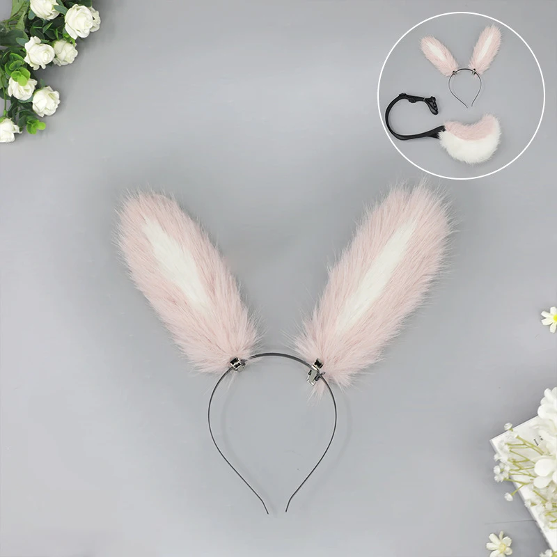 فروي اليدوية أفخم محاكاة آذان أرنب عقال مع لطيف الحيوان الذيل مجموعة الدعائم لوليتا Hairwear تأثيري اكسسوارات الحفلات
