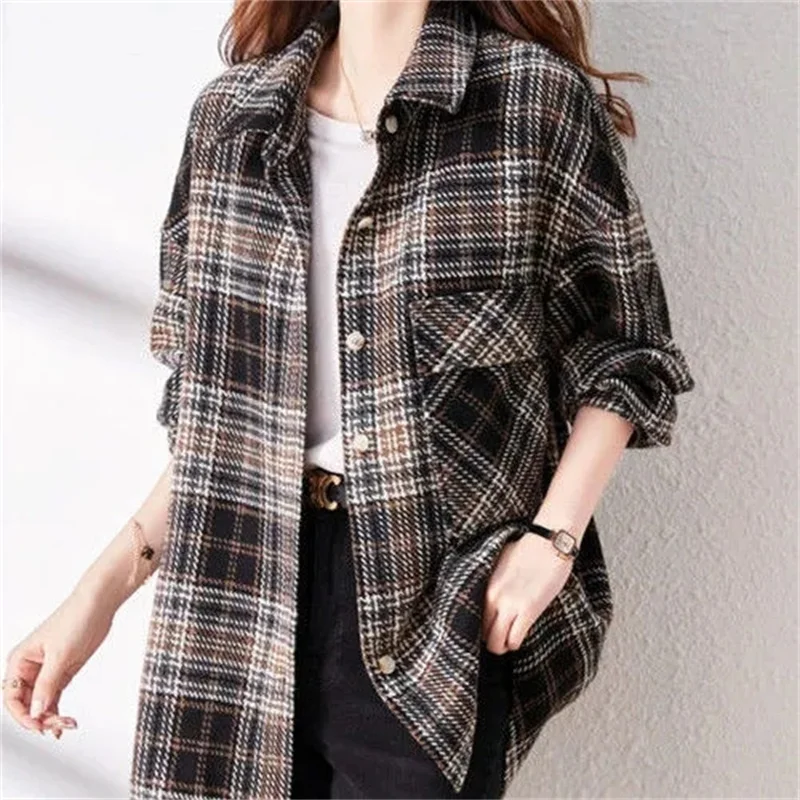 Spring Autumn Feminine Long Sleeves Shirts Jacket Ladies Grinding Grid Shirt Coat Fashion Women Cardigan Blouse Outwear