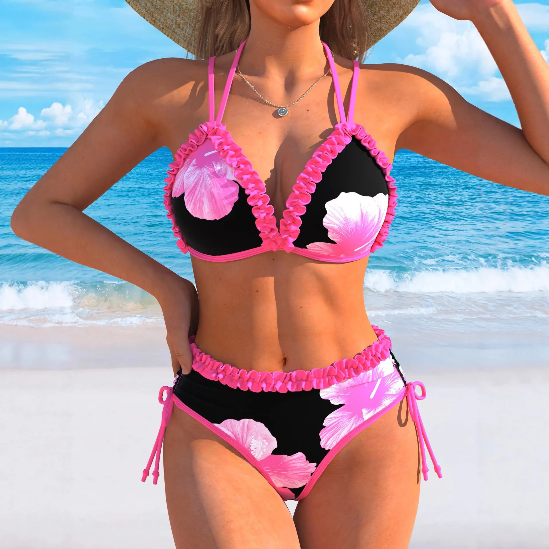 New Summer Women's Sexy and Fashionable Printed Suspender with Hollowed Out Oversized Split Bikini Swimsuit