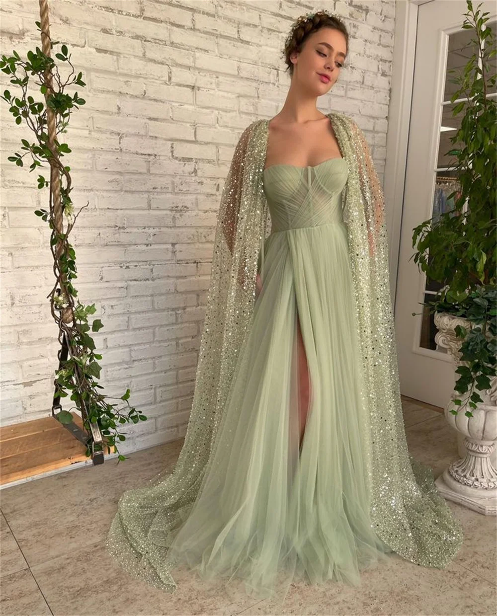 Sansa Light Green فساتين السهرة Detachable Shawl Vestidos De Noche Elegant Sleeveless Strapless Side Split Prom Dresses 2024