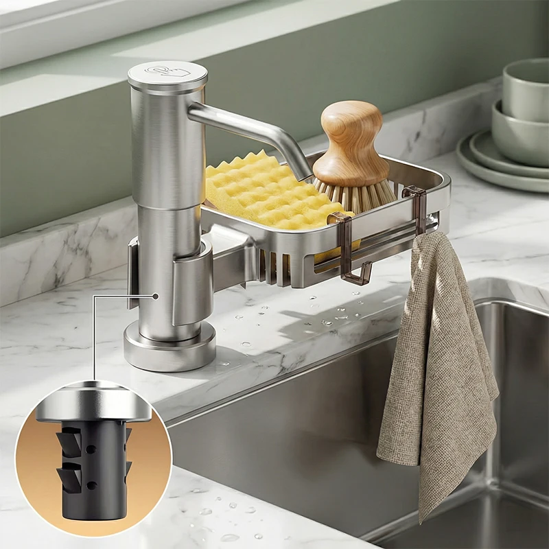 

Диспенсер для моющего средства для кухонной раковины с быстрой установкой, из космического алюминия, с помпой для жидкого моющего средства, органайзер-полка из АБС-пластика