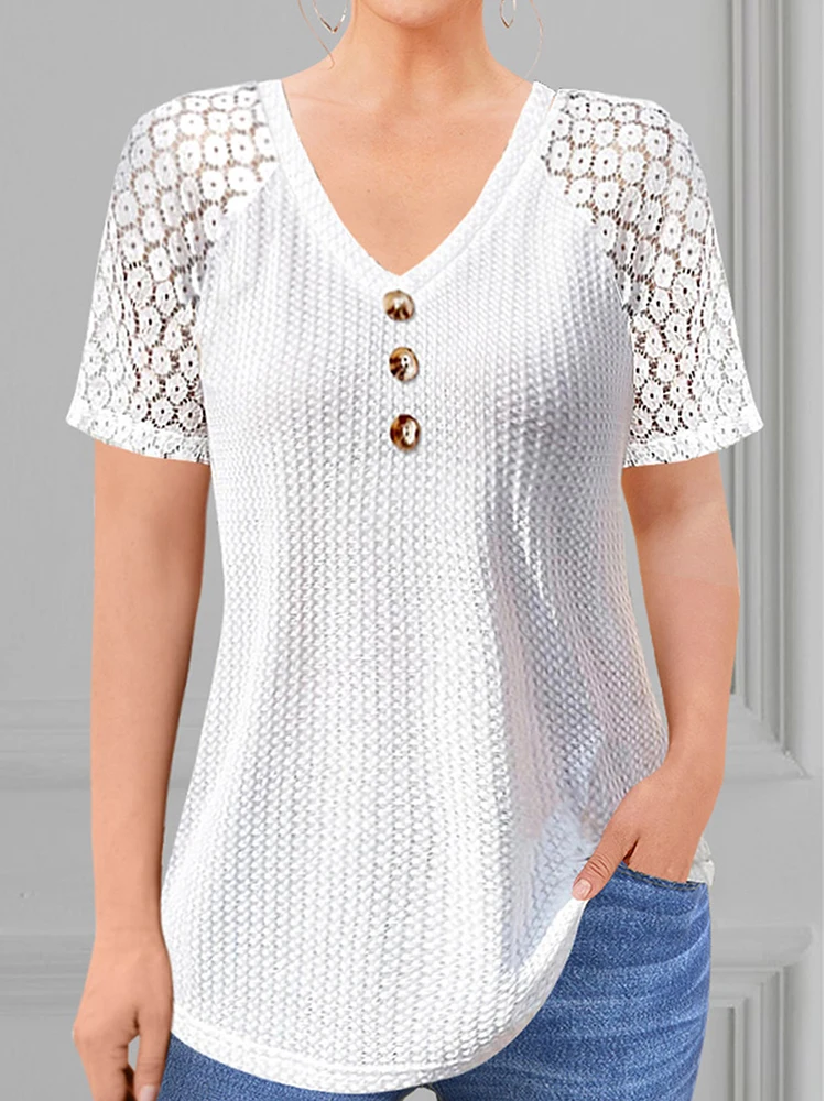 

Женская футболка больших размеров с коротким рукавом и пуговицами с v-образным вырезом, однотонная повседневная винтажная базовая летняя футболка, трикотажная футболка в рубчик